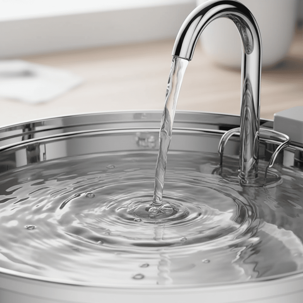 Świeża woda w stalowej fontannie dla kota z delikatnym przepływem