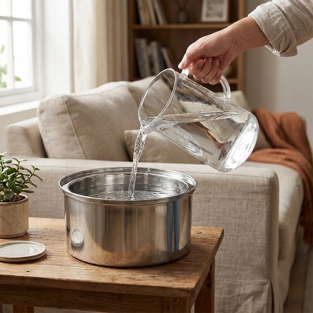 Nalewanie wody do stalowej fontanny dla kota w salonie